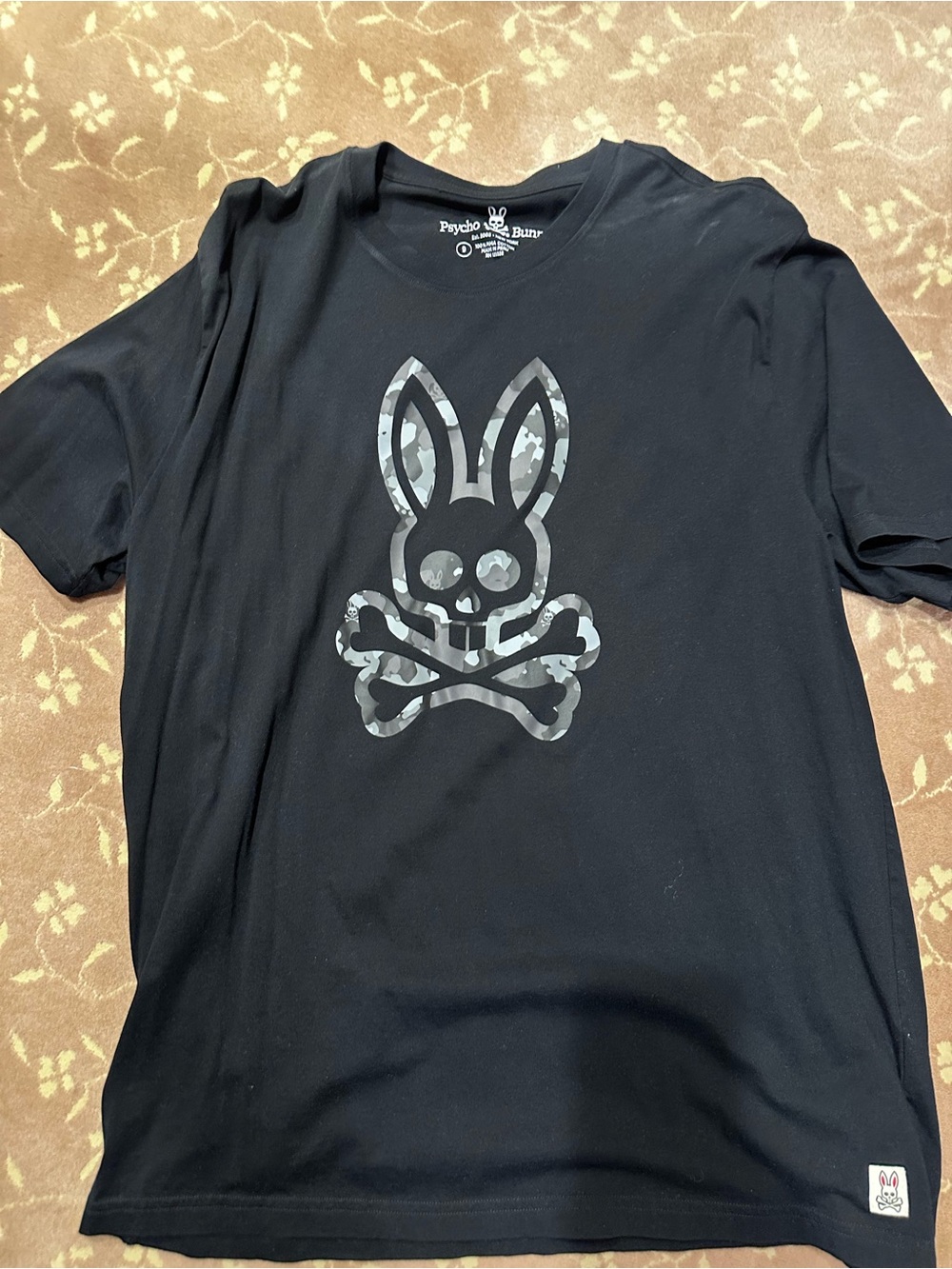 Psycho Bunny Black Tee with Gray Camo Skull-and-Bunny Graphic